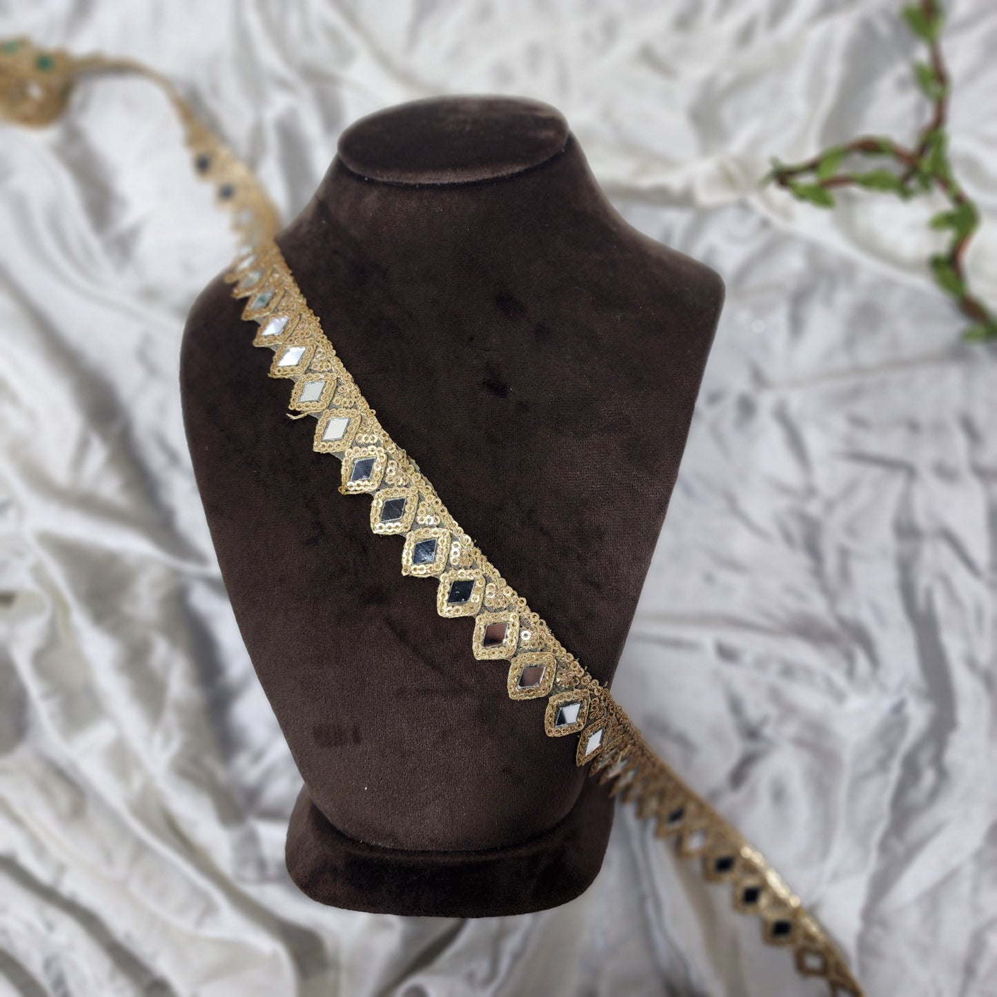 Golden Decorative Mirror with Sequins Border Lace