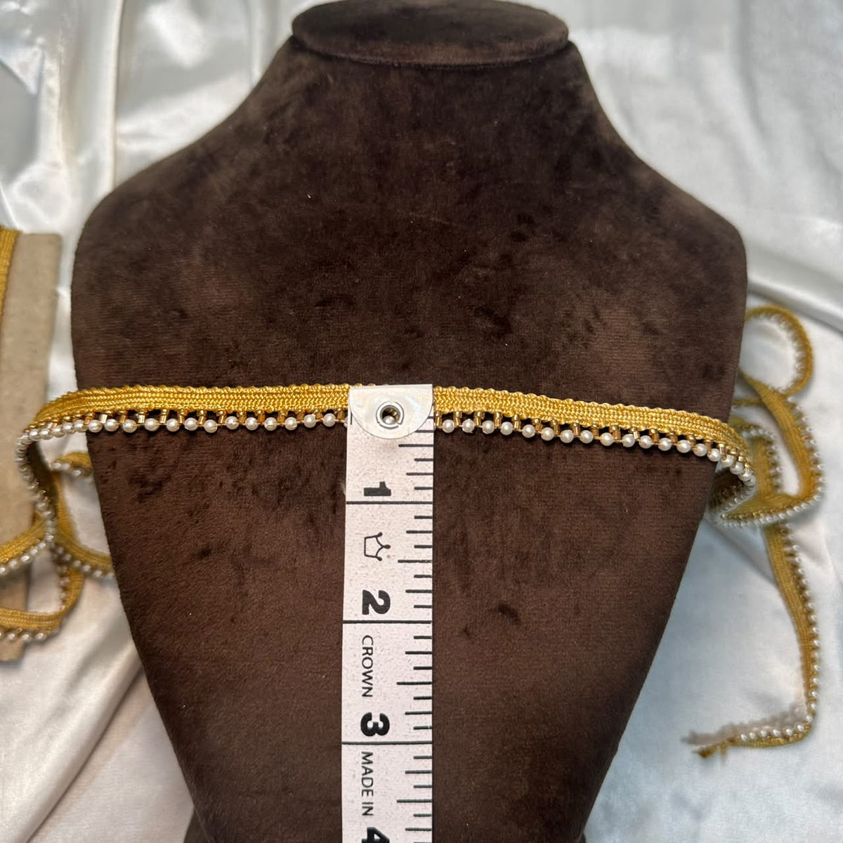 Gold Woven Lace Trim with Pearl Detailing for Dress Making