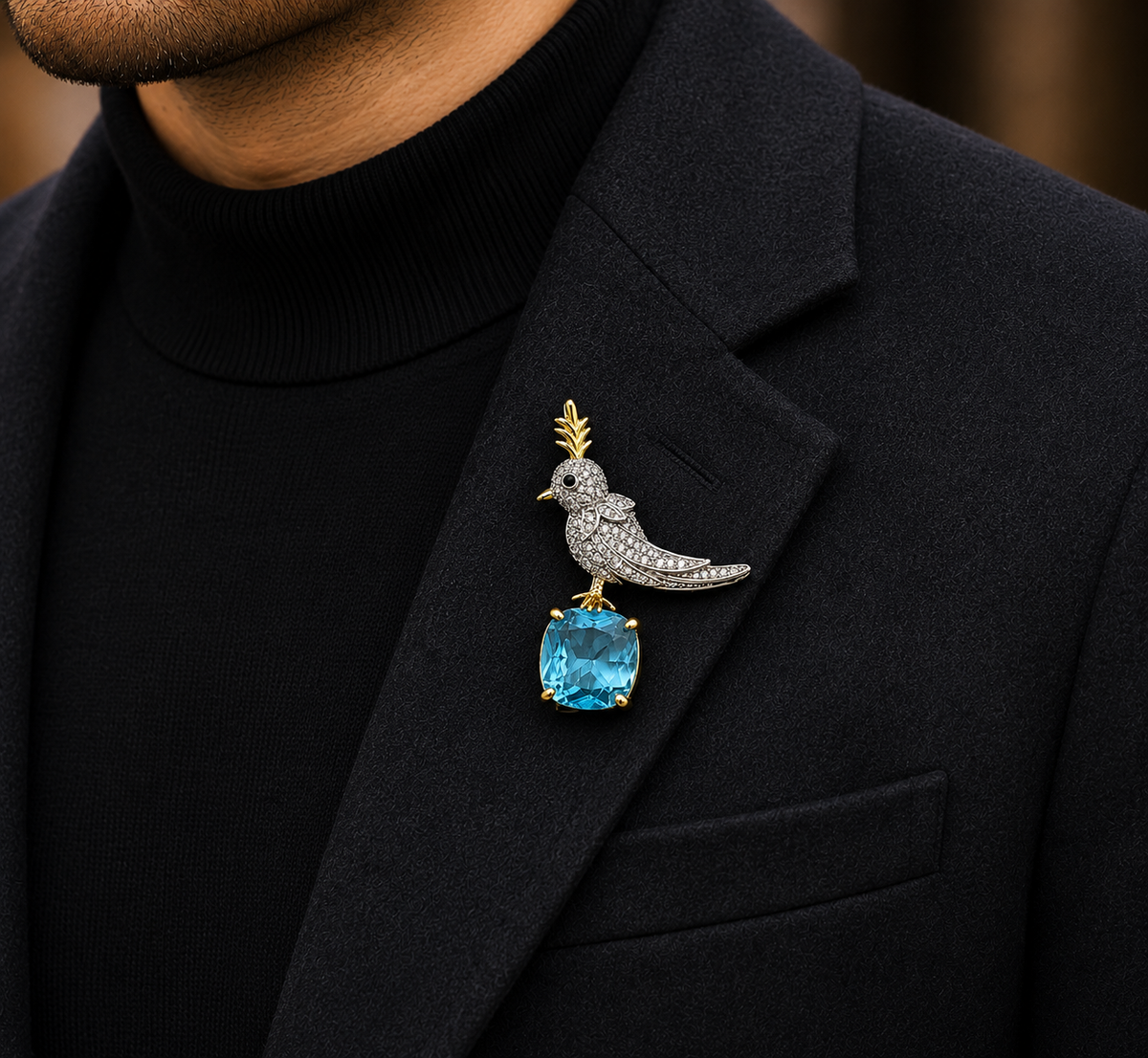 Luxury Silver Bird Brooch with Aqua Blue Crystal