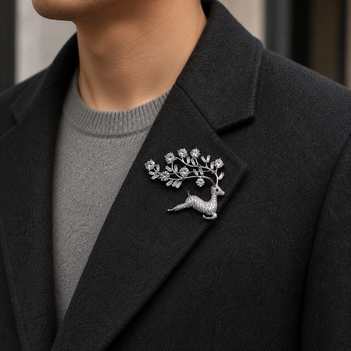 Silver-Tone Deer with Crystal Antlers Brooch (1 Piece)