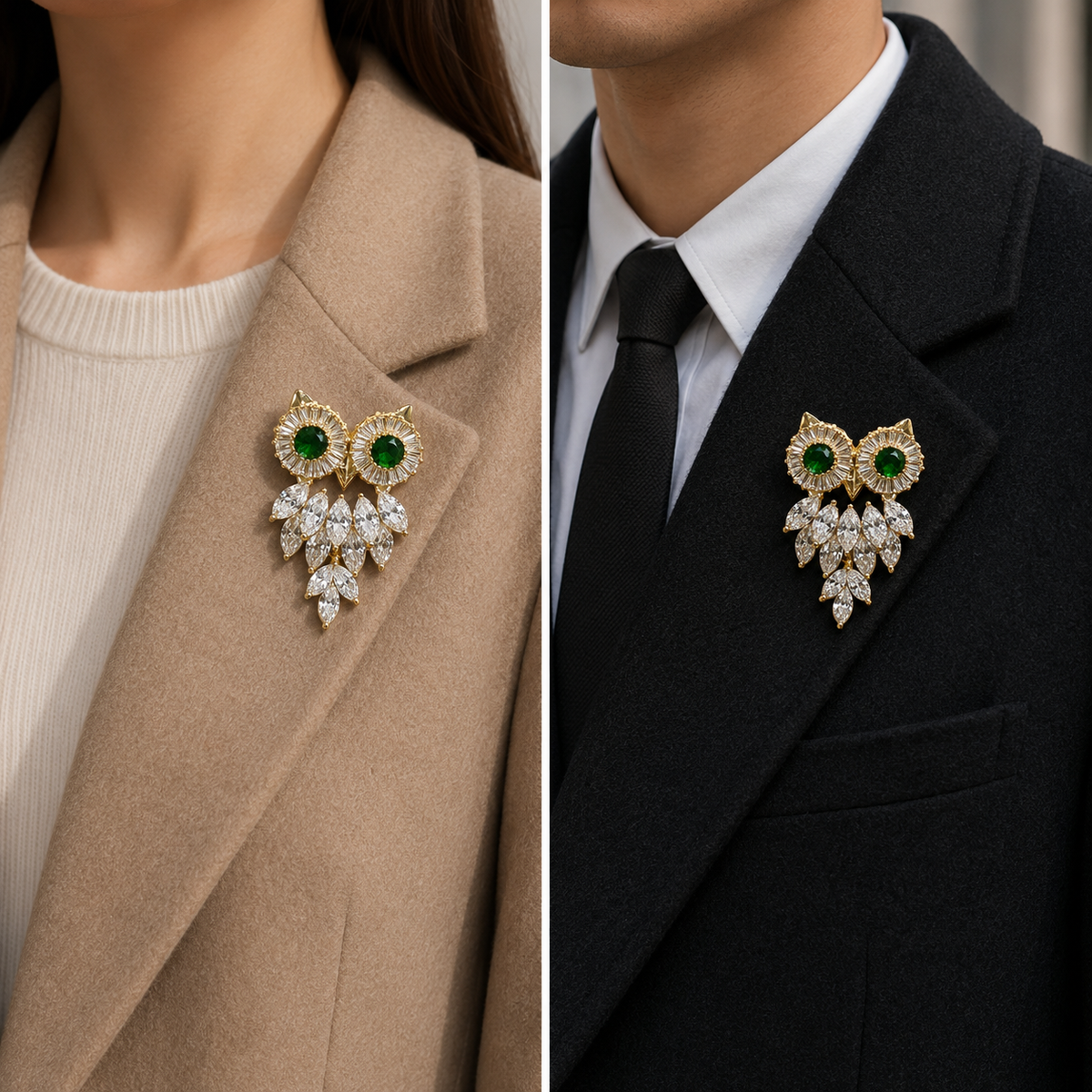 Gold Tone Owl Brooch with Green Crystal Eyes & Clear Stones