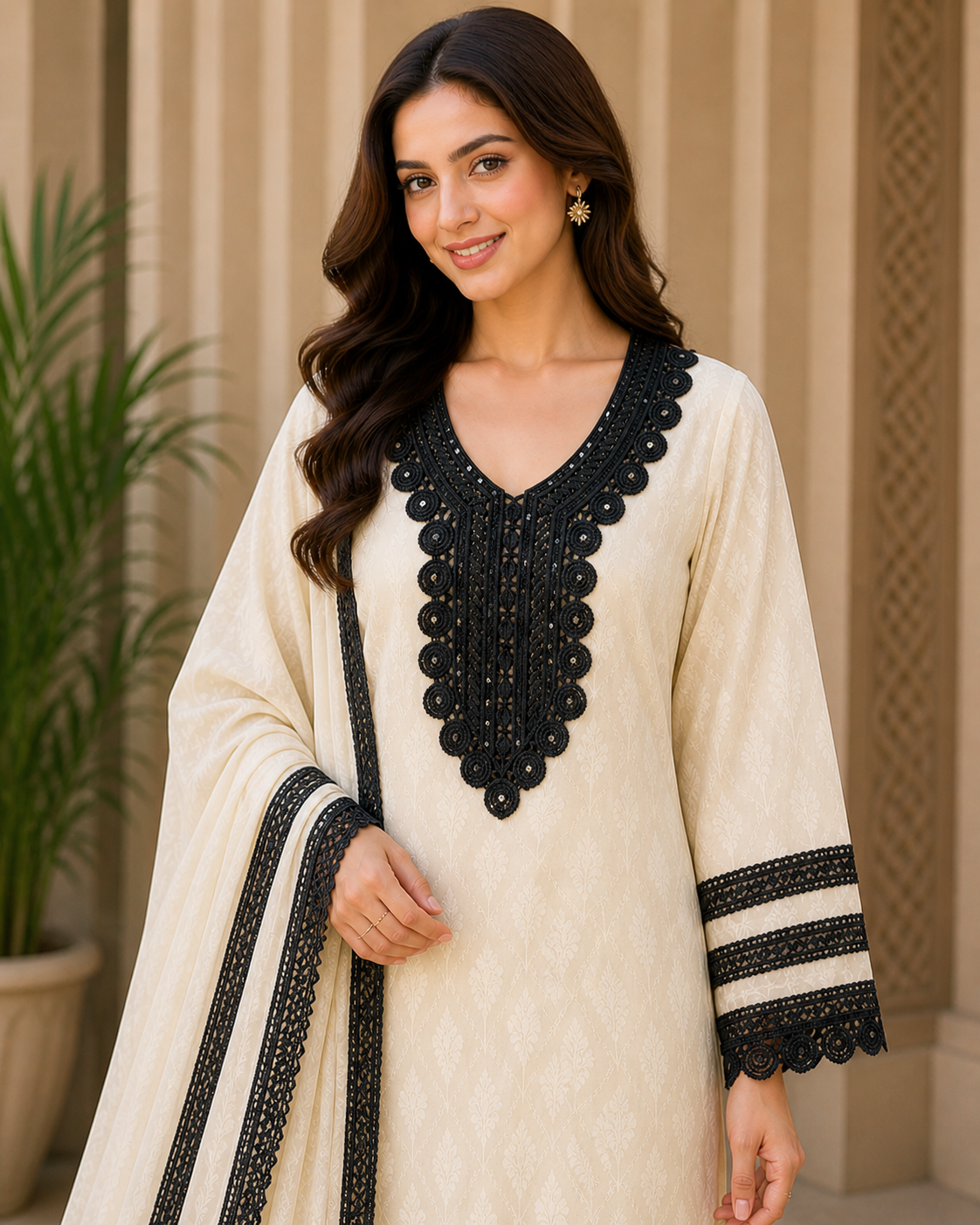 Black color Cotton Neckline Applique