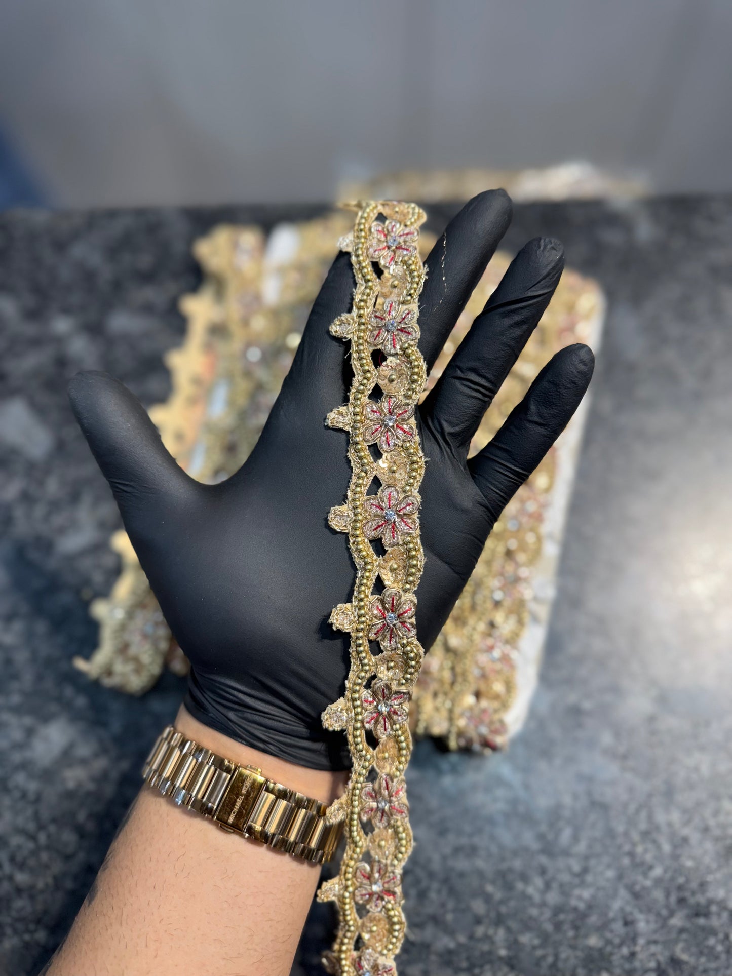 Light Golden color handwork lace with stonework