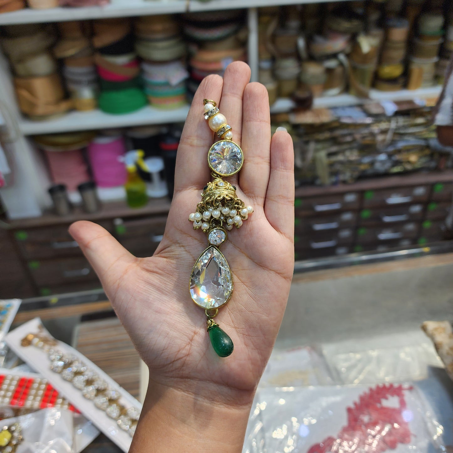 Fancy Kurta Patti button with Stonework and pearls