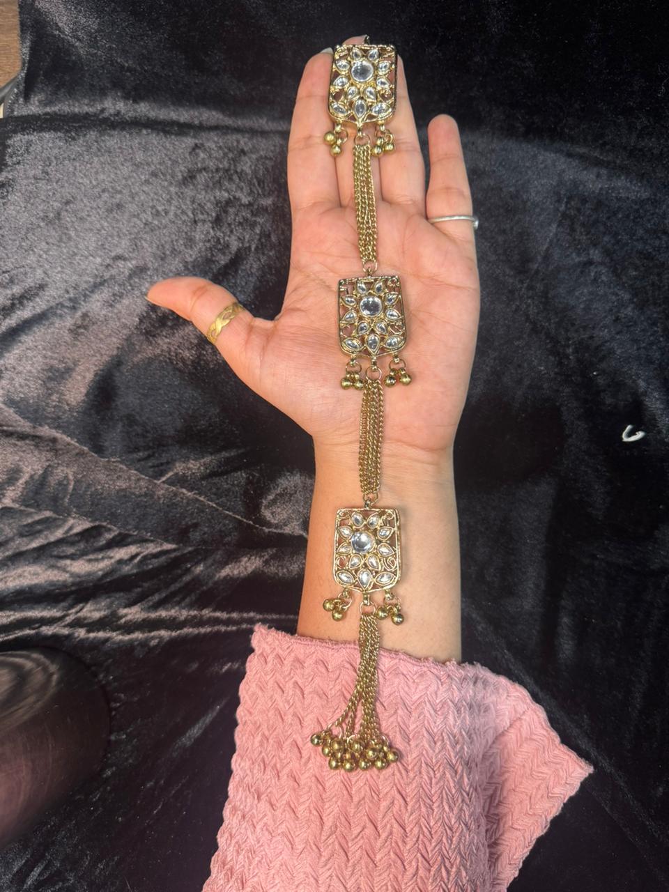 Square Kundan Work Kurta Patti Button with Chain Tassels