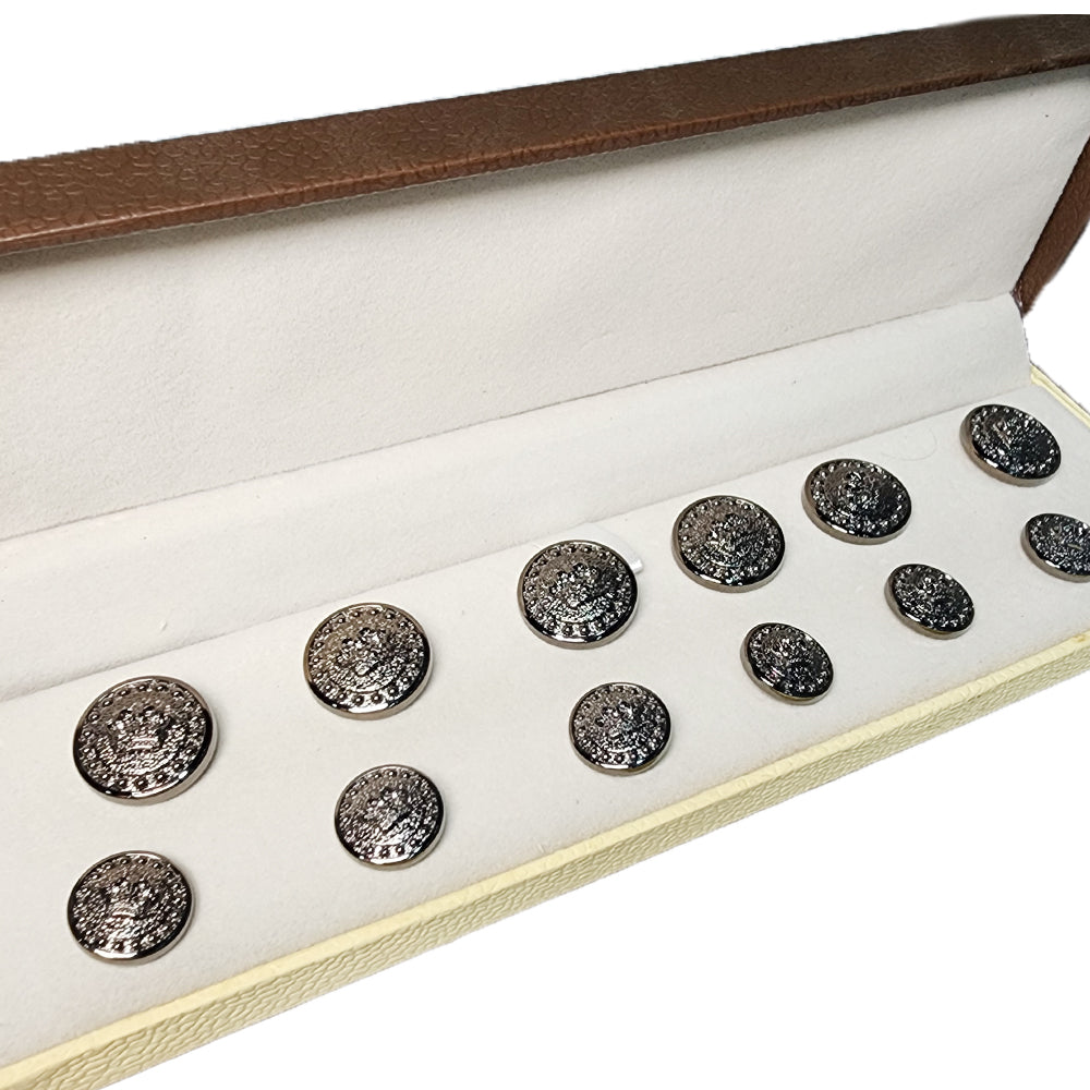 Round Metallic Grey Crown Print Designer Metal Coat Blazer Buttons