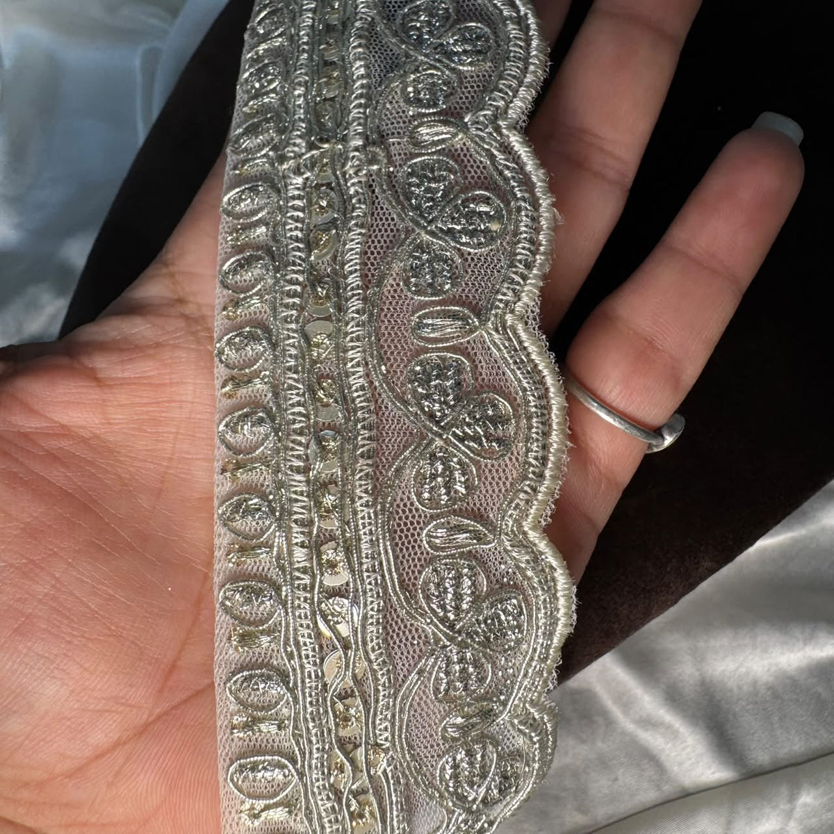 Silver Paisley Embroidered Net Lace Border for Saree & Suit