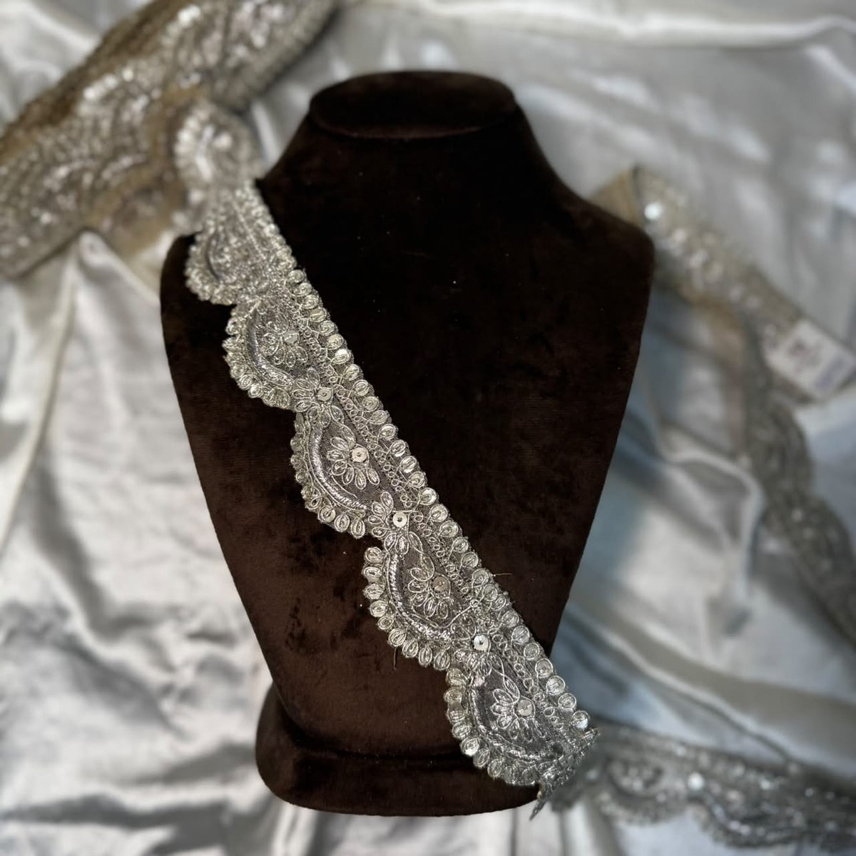 Silver Shimmer Traditional Embroidery Lace for Suits