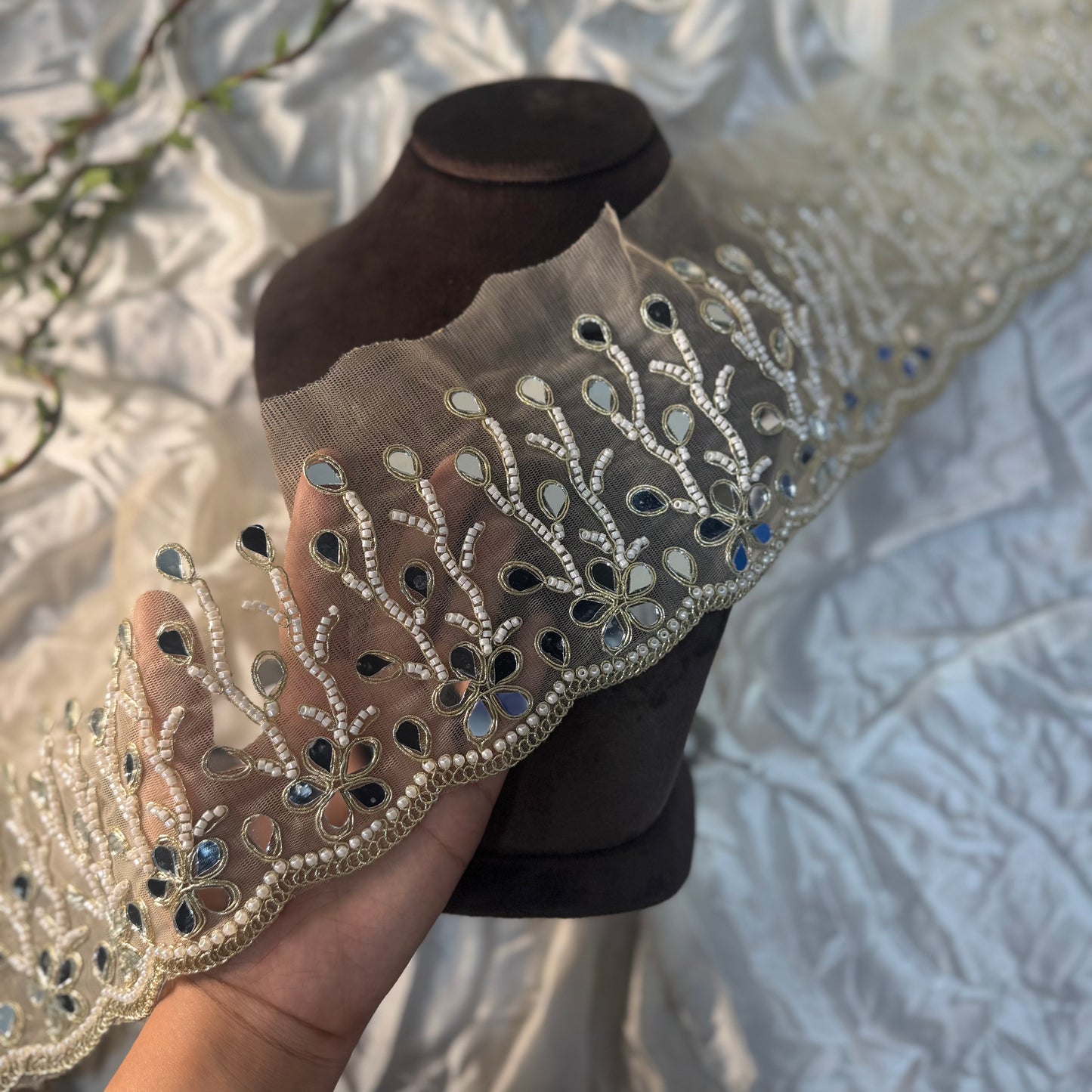 Mirror and Pearl work Net Base Mirror work Lace