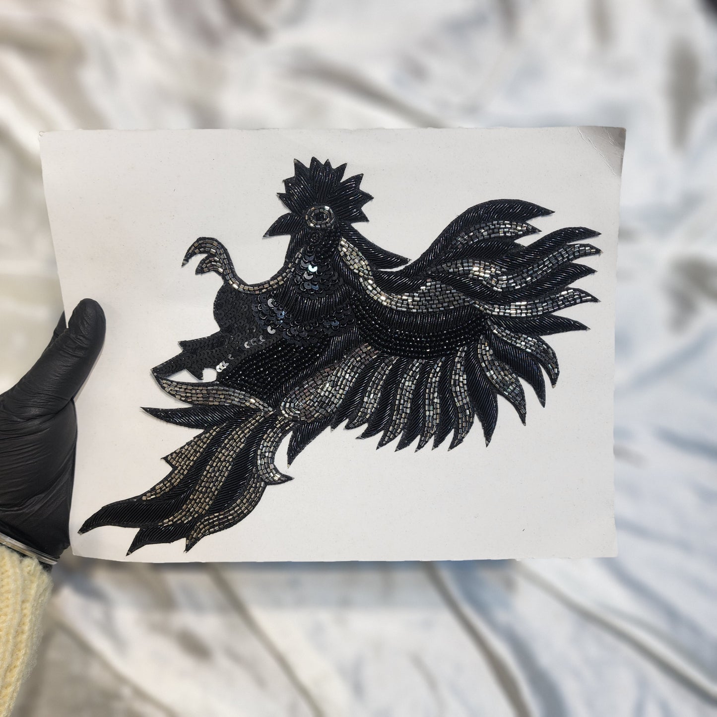 Black Color Sequins and Beads work Bird Patch
