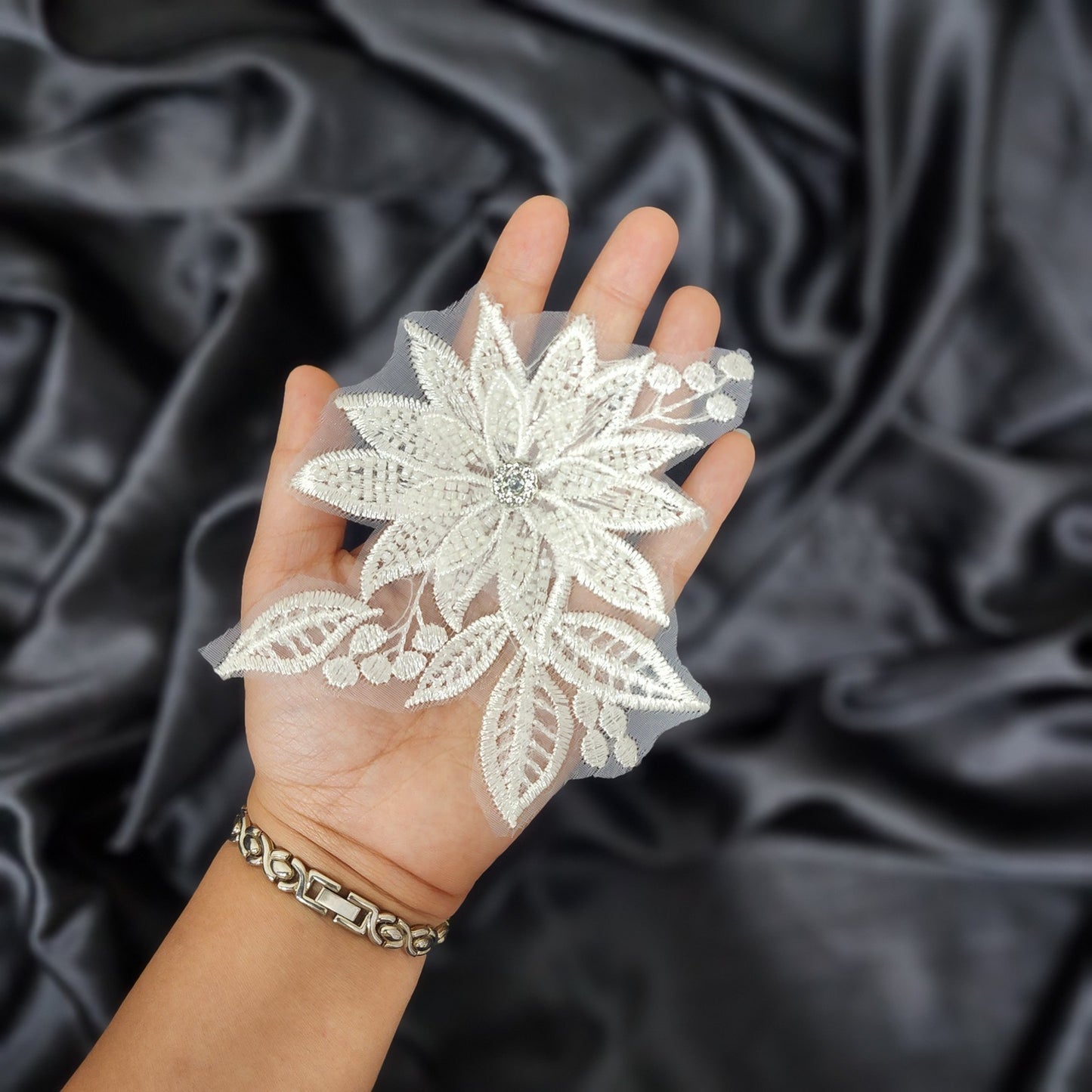 White color Beads work Flower Patch Pack of 2 Pcs