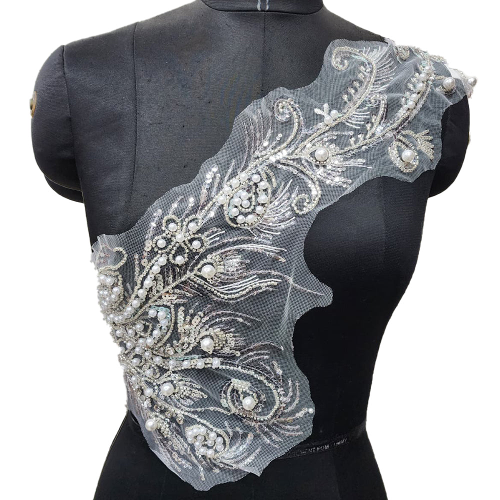 White color Pearl and Sequins work Net Base Patch 2 pcs