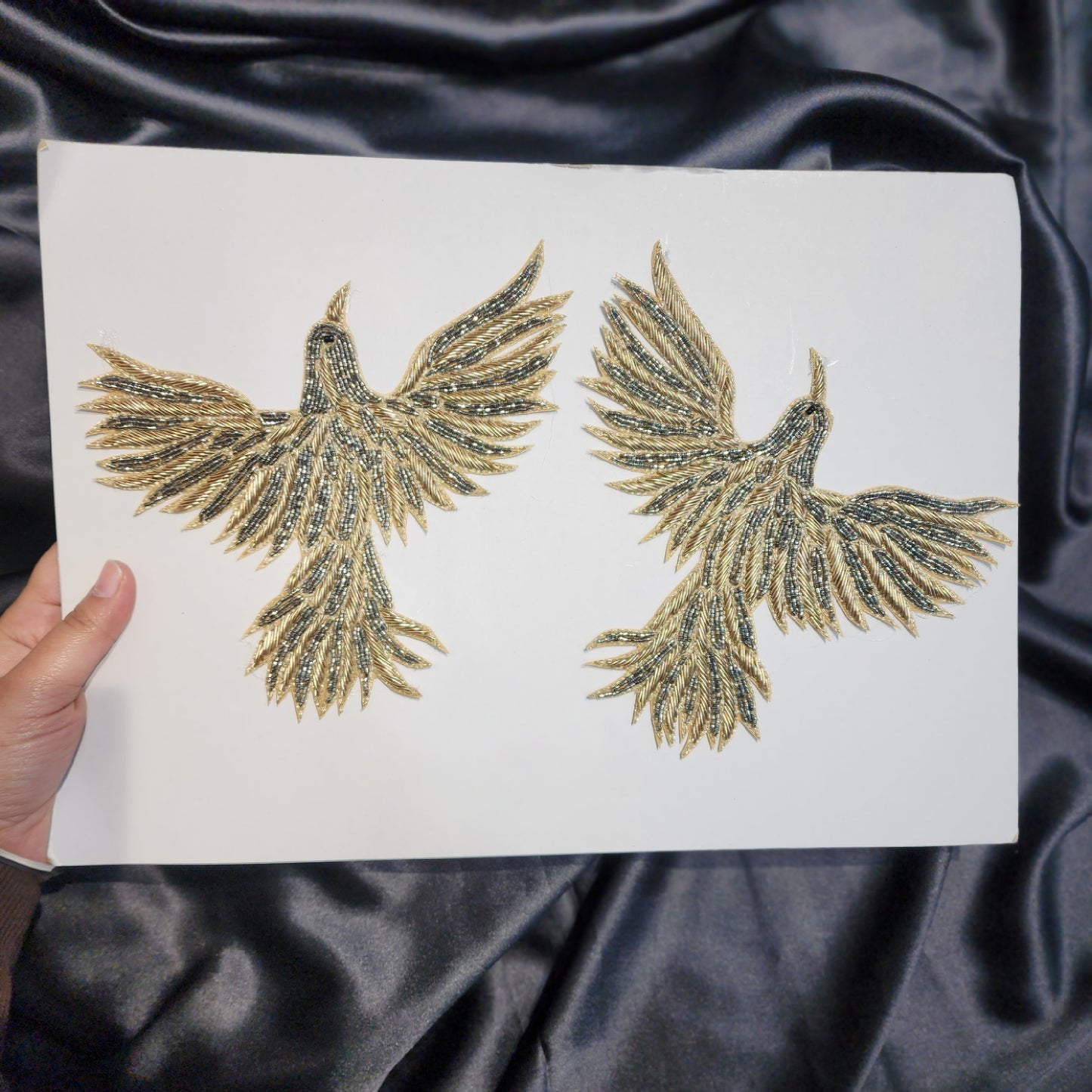 Grey Gold Dabka Work Hand Embroidered Bird Patch