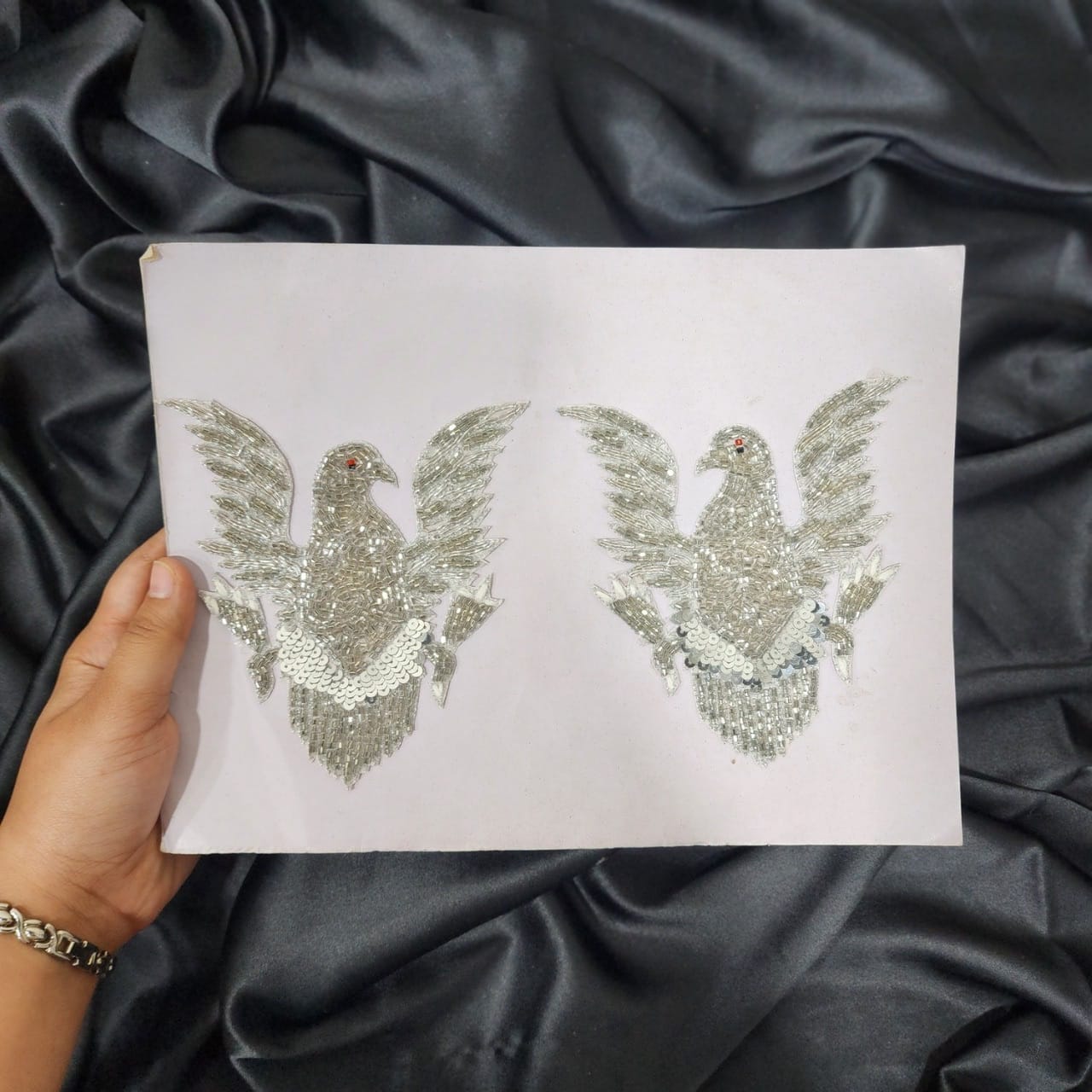 Silver color Katdana work Bird Patch 1 Pair (2 pcs)