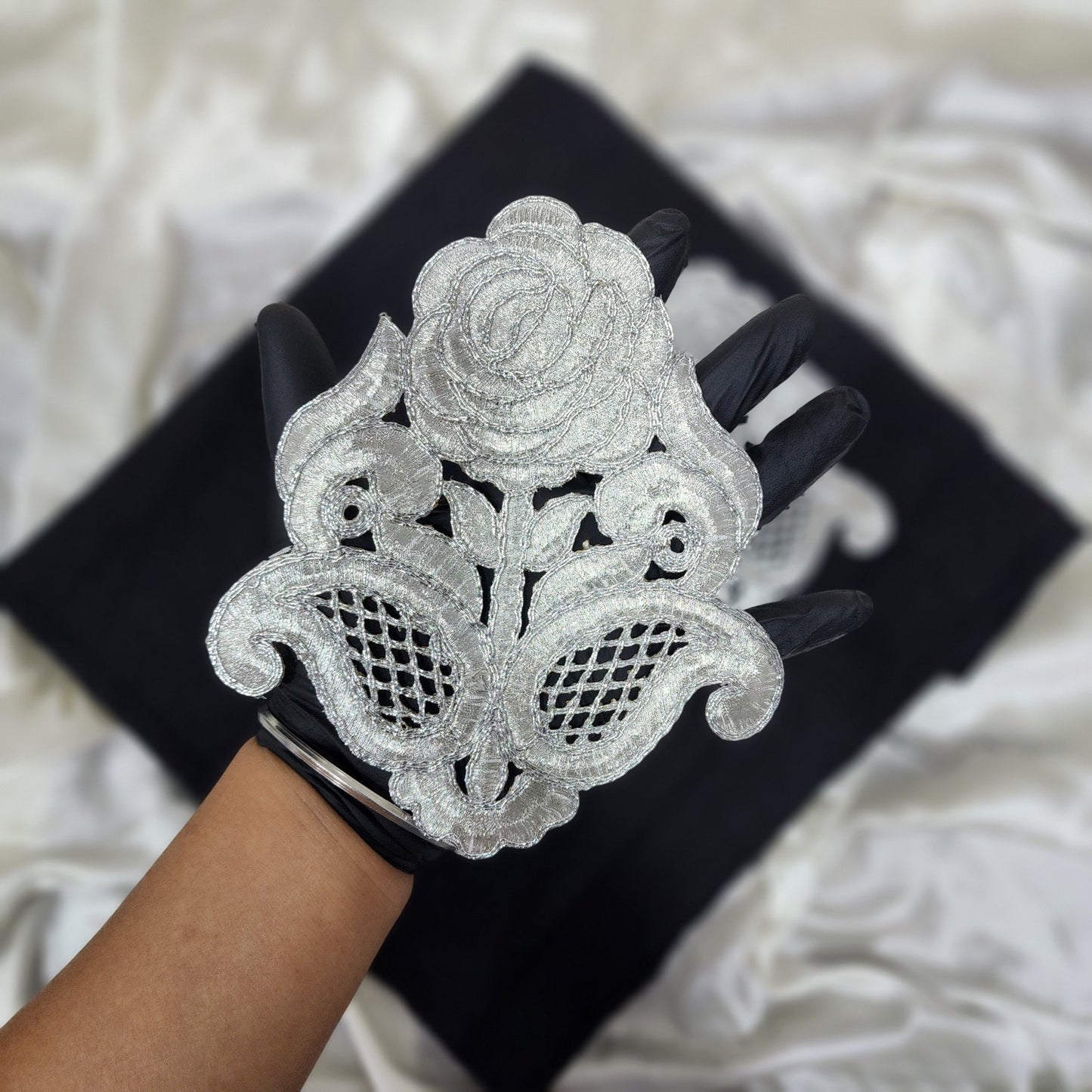 Set of 4 Pcs Silver Rose shape Zari work Patch