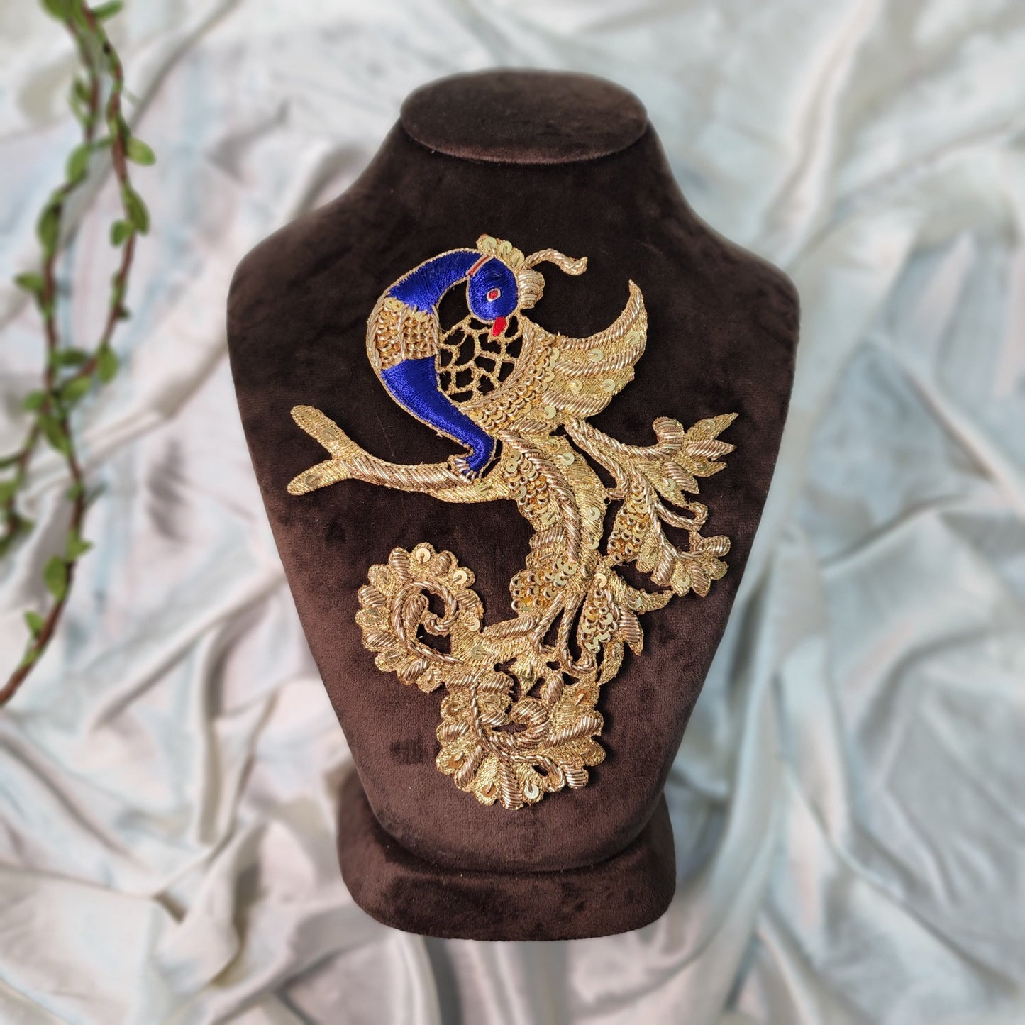 Golden Blue color Dabka and Sequins work Peacock Patch Applique