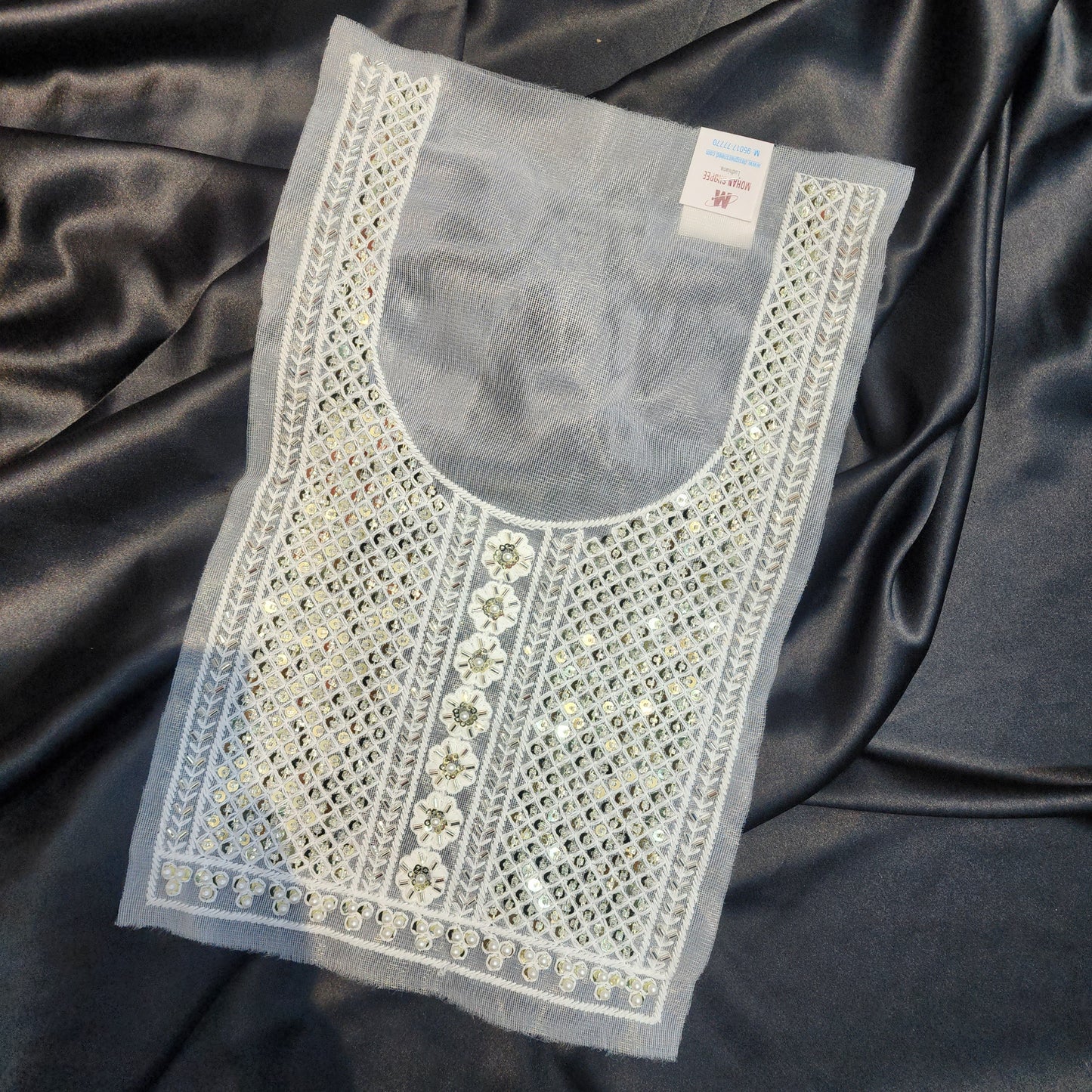 White color Sequins work Neck Patch with net base