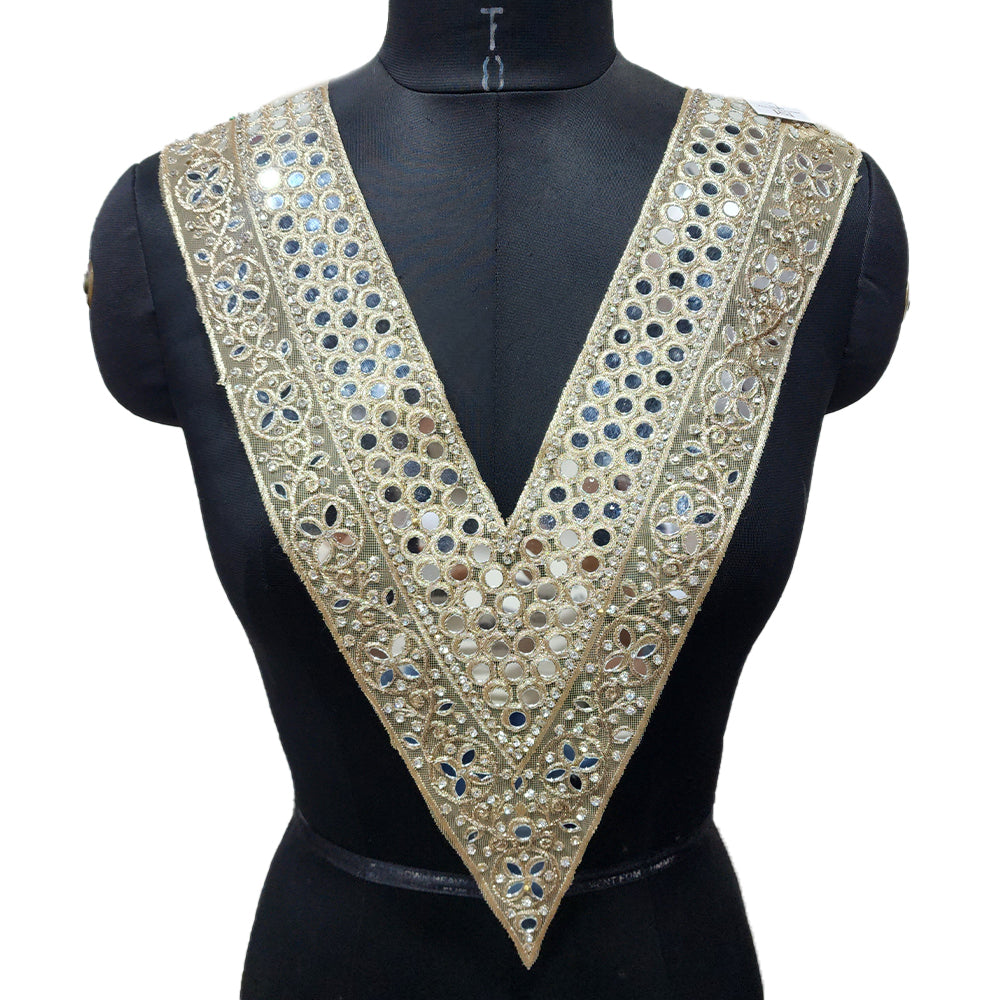 Light Gold V shaped Mirror work Neckline Sew on Patch