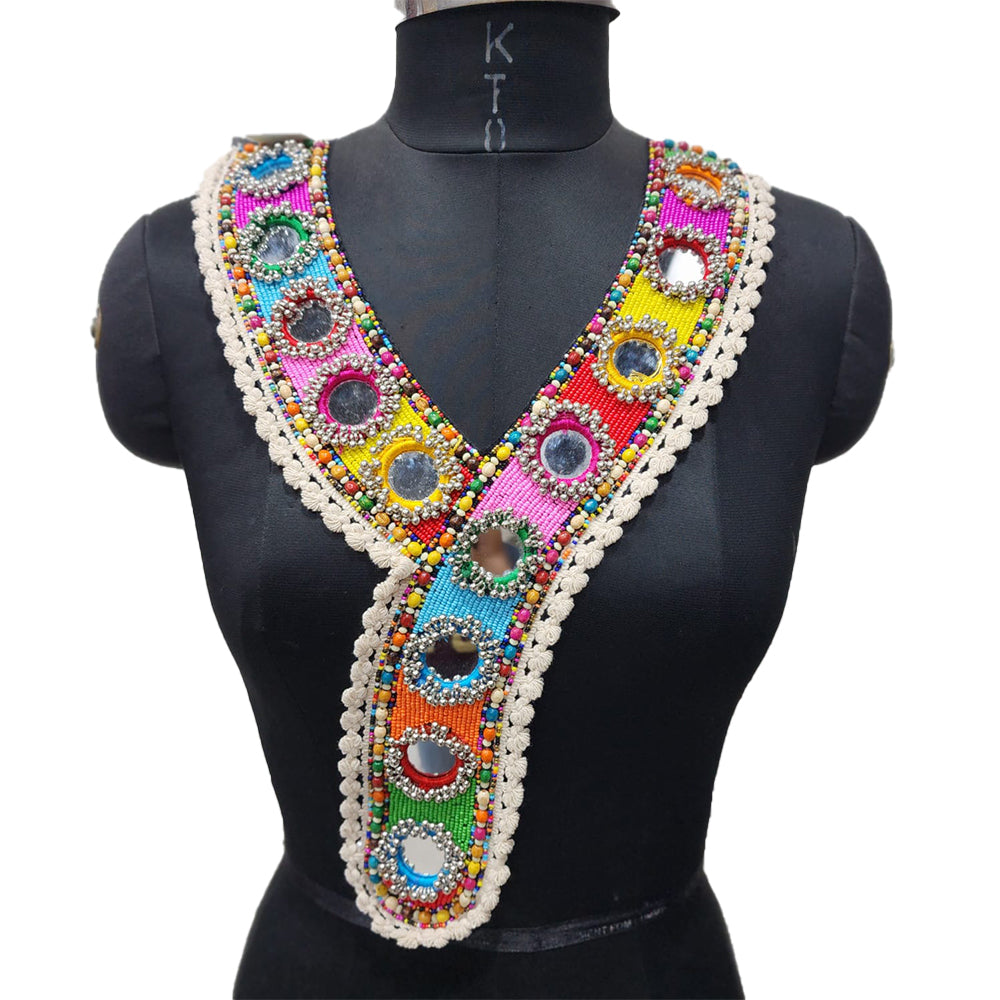 Y shaped Mirror and Beads work Neckline Patch