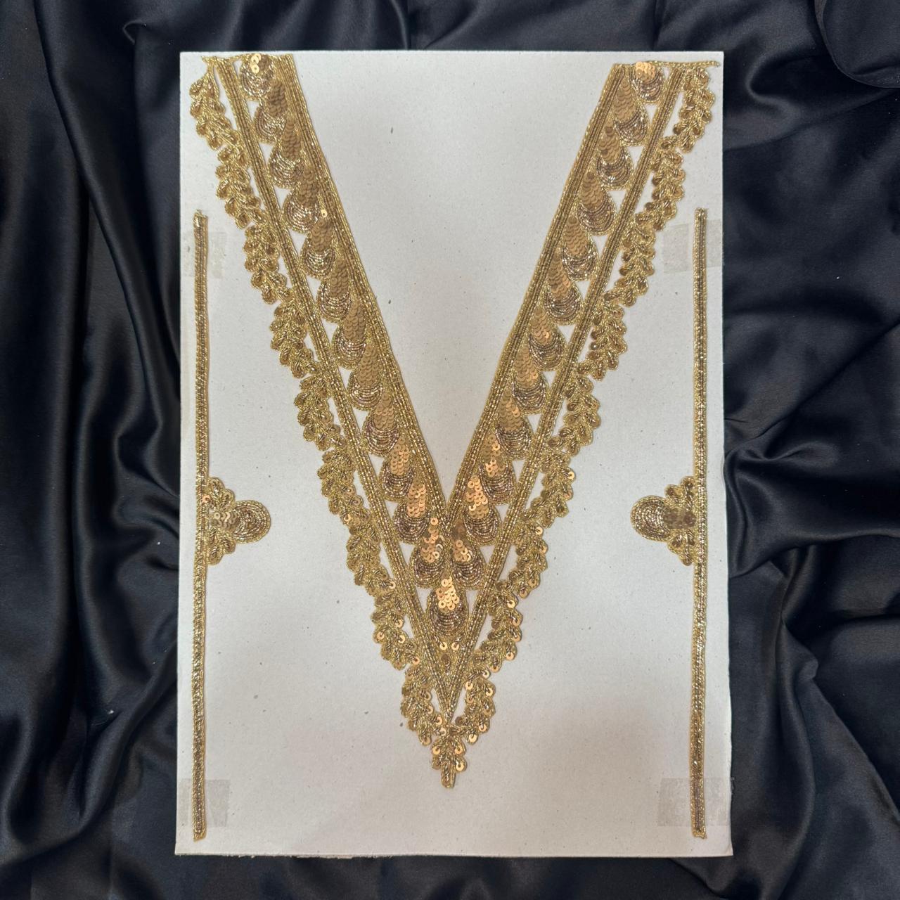 Golden color V shaped Dabka Handwork Neck Patch Applique