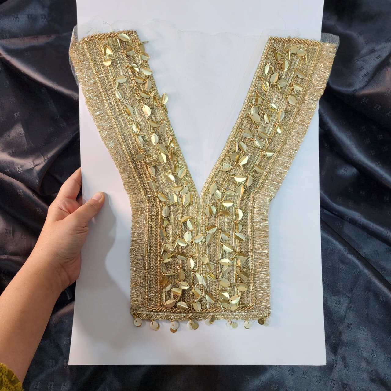 Golden color Sequins and Fringes work Neck Patch
