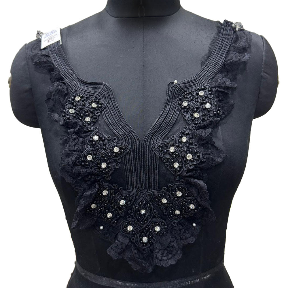 Fancy Floral Stonework & Pearl Neck Applique Patch