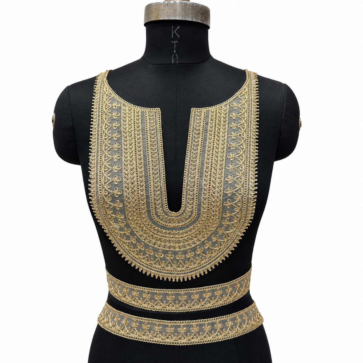 Ethnic Gold Zari Work Neck Patch with Matching Sleeve Borders
