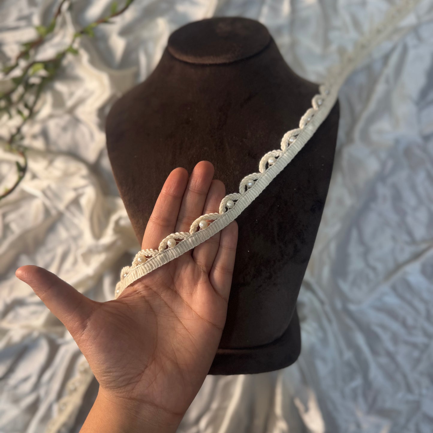 Off White color Pearl work Cutwork Lace