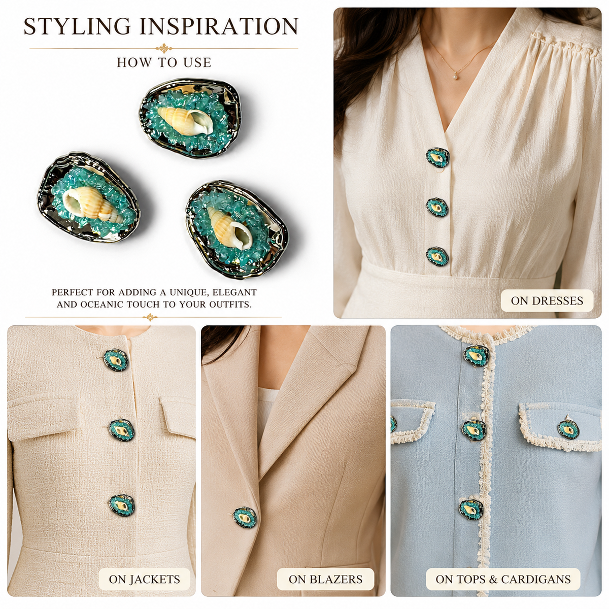 Pack of 5 Pieces Coastal Seashell Embellished Buttons