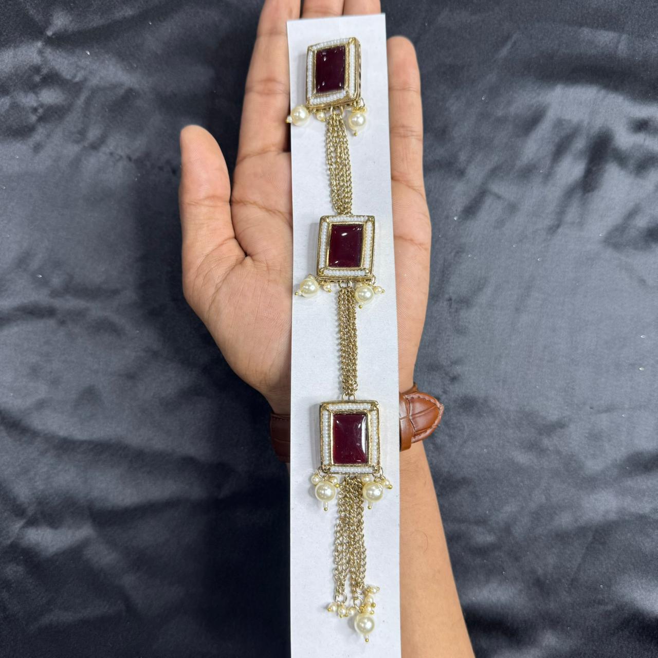 Fancy Rectangle Kundan work Kurta Patti Button with Pearl Chain