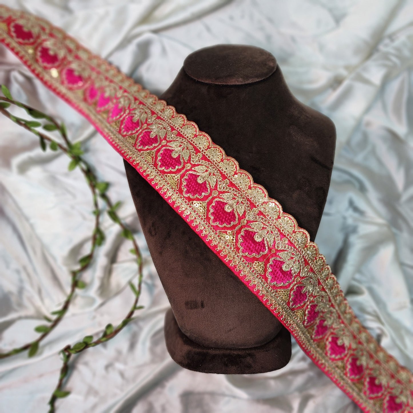 Magenta Designer Zari and Sequins work Lace Border