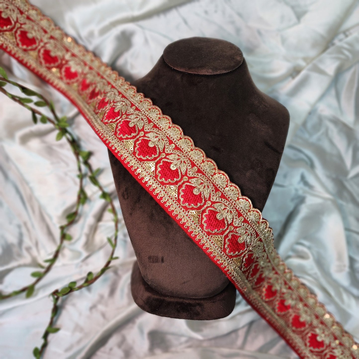 Red Designer Zari and Sequins work Lace Border