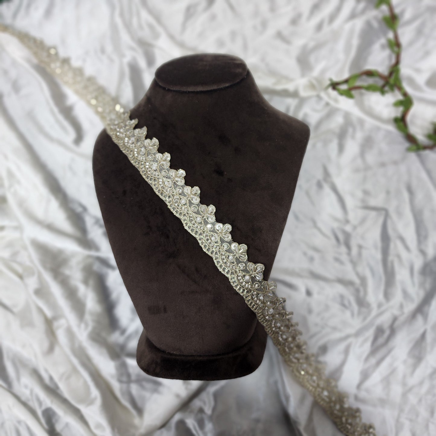 Silver Beads and Cutdana Embellished Lace Trim