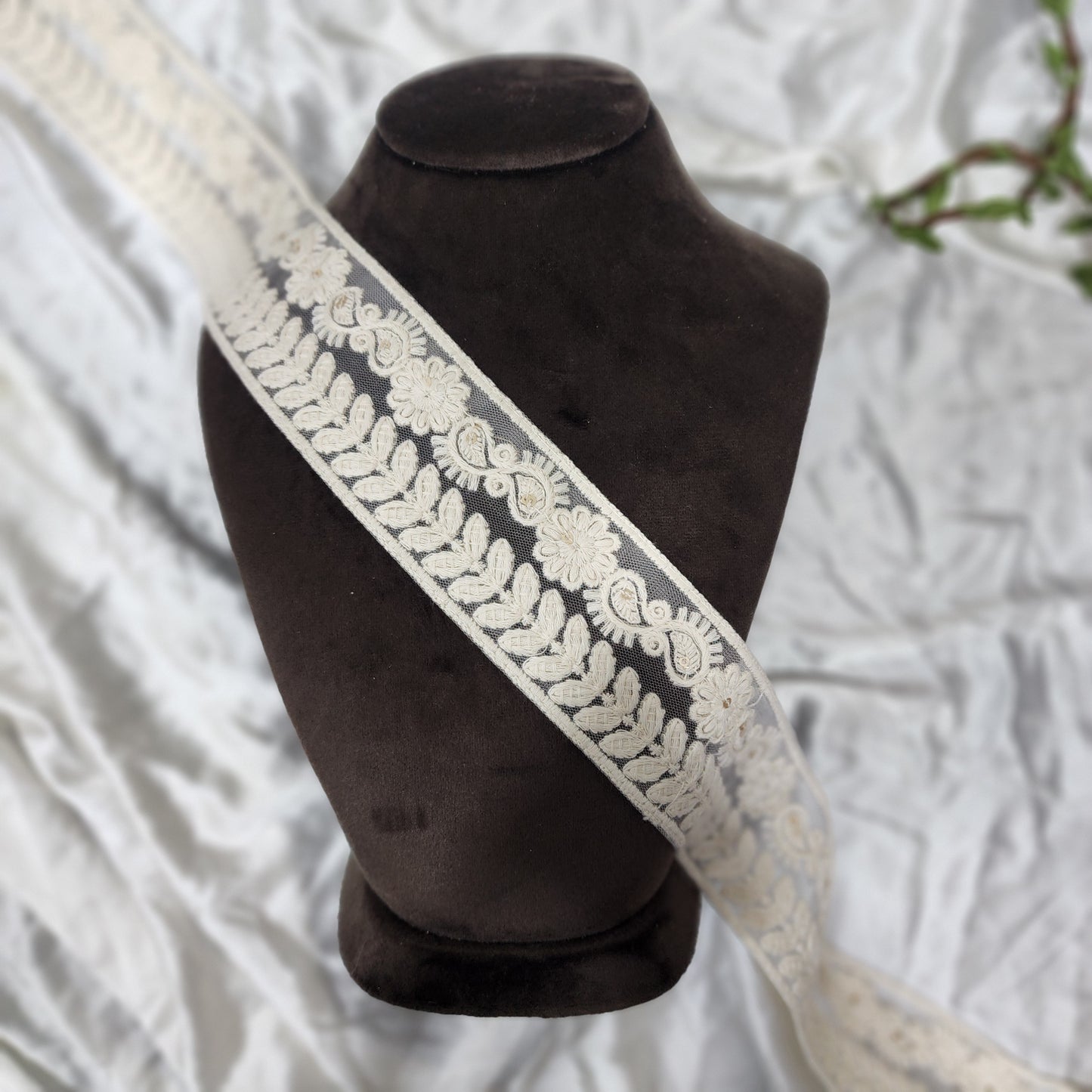 Lucknowi Chikankari Floral and  Leaf Embroidery Lace