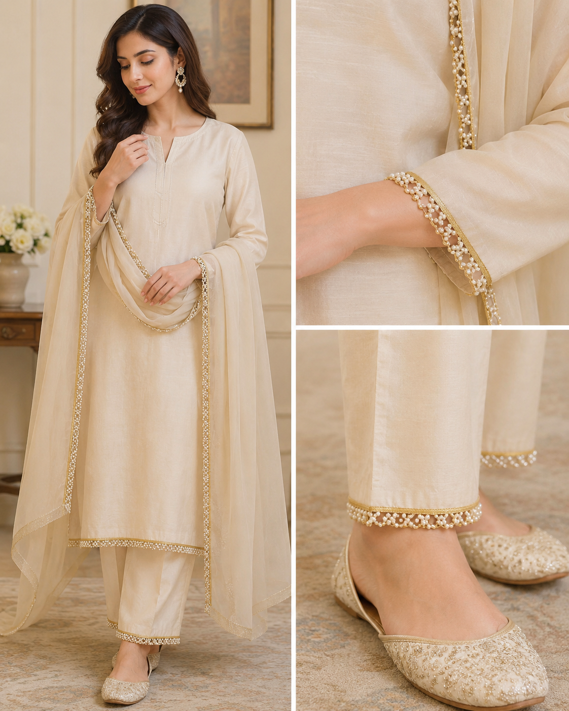 Designer Gold & Pearl work Lace Border