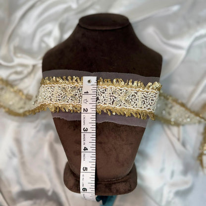 Premium Gold & White Beaded Sequin Lace Border