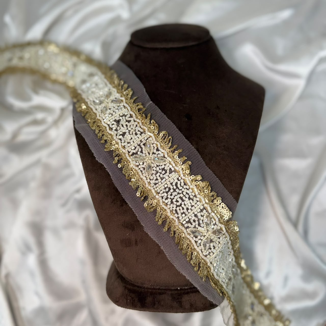 Premium Gold & White Beaded Sequin Lace Border