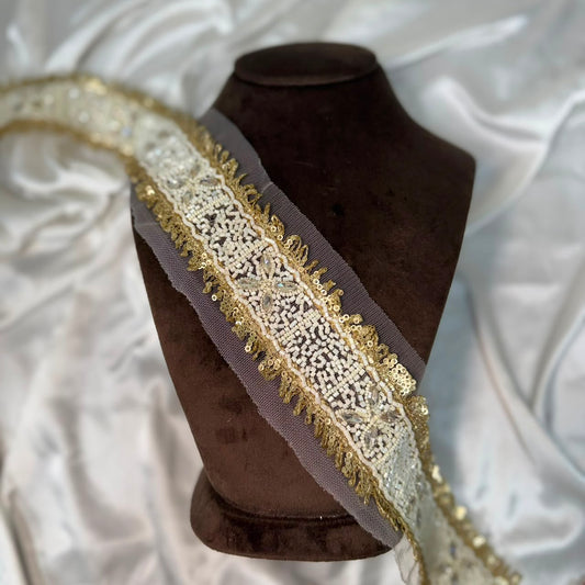 Premium Gold & White Beaded Sequin Lace Border