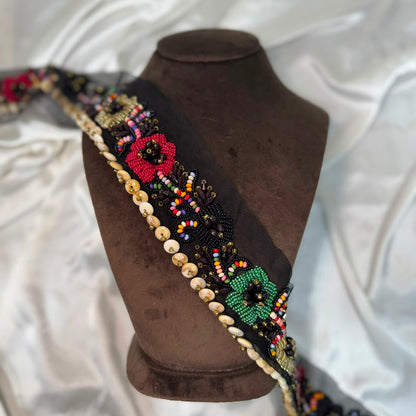 Black Multicolor Floral Beaded Embroidered Lace Trim