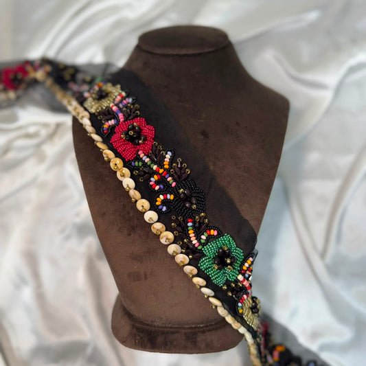 Black Multicolor Floral Beaded Embroidered Lace Trim
