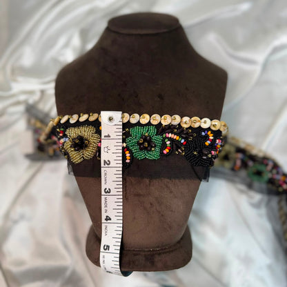 Black Multicolor Floral Beaded Embroidered Lace Trim