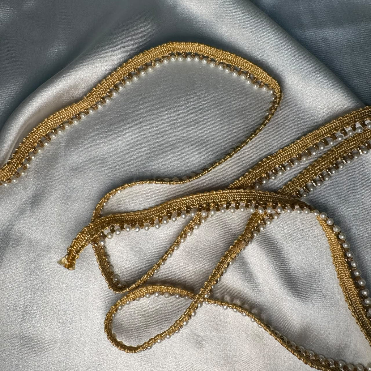Gold Woven Lace Trim with Pearl Detailing for Dress Making