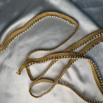 Gold Woven Lace Trim with Pearl Detailing for Dress Making