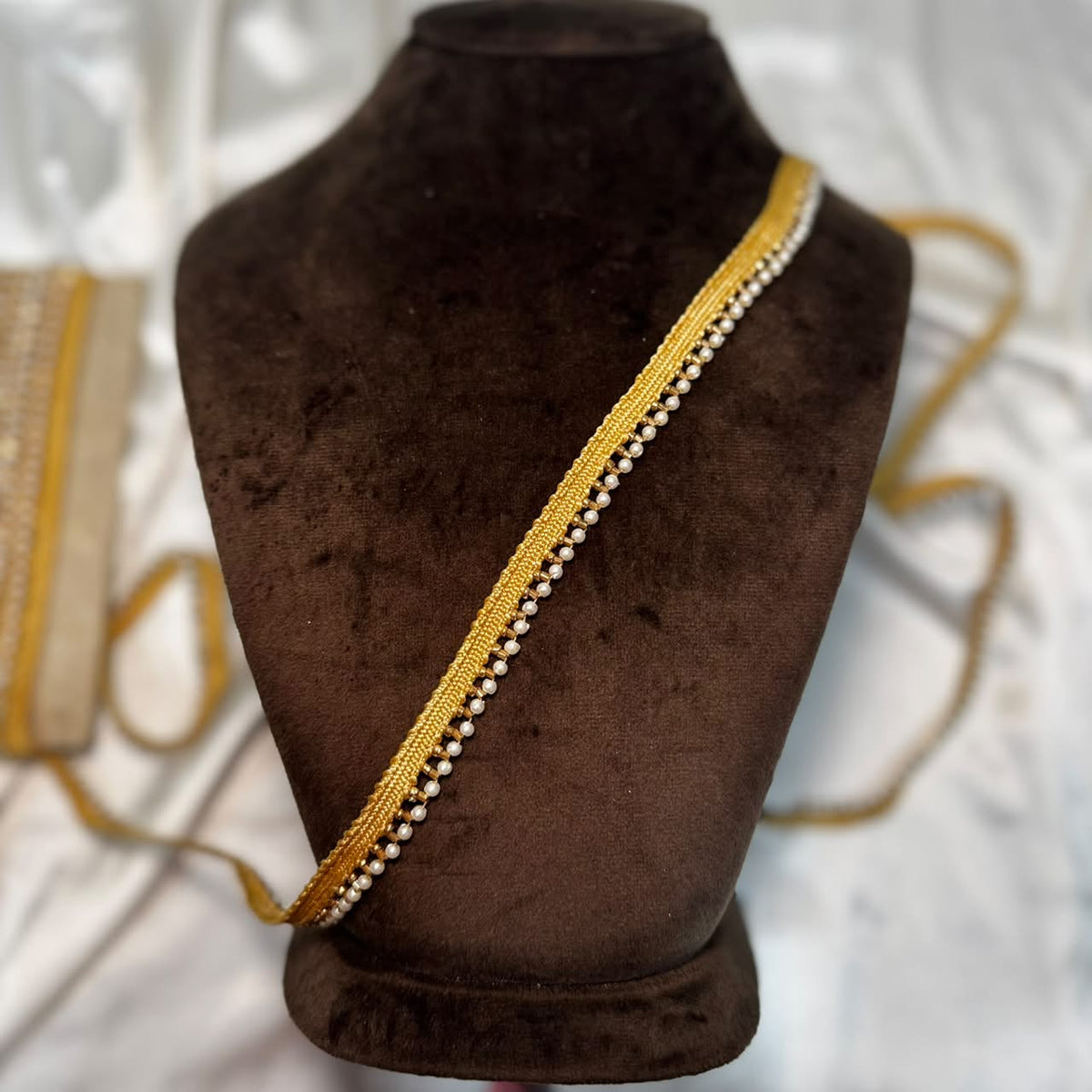 Gold Woven Lace Trim with Pearl Detailing for Dress Making