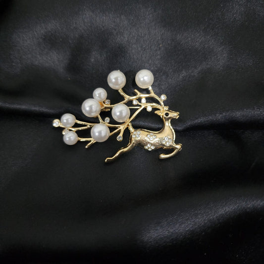 Golden color Reindeer Design Brooch Lapel Pin with pearl detailing
