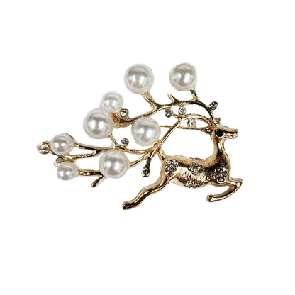 Golden color Reindeer Design Brooch Lapel Pin with pearl detailing
