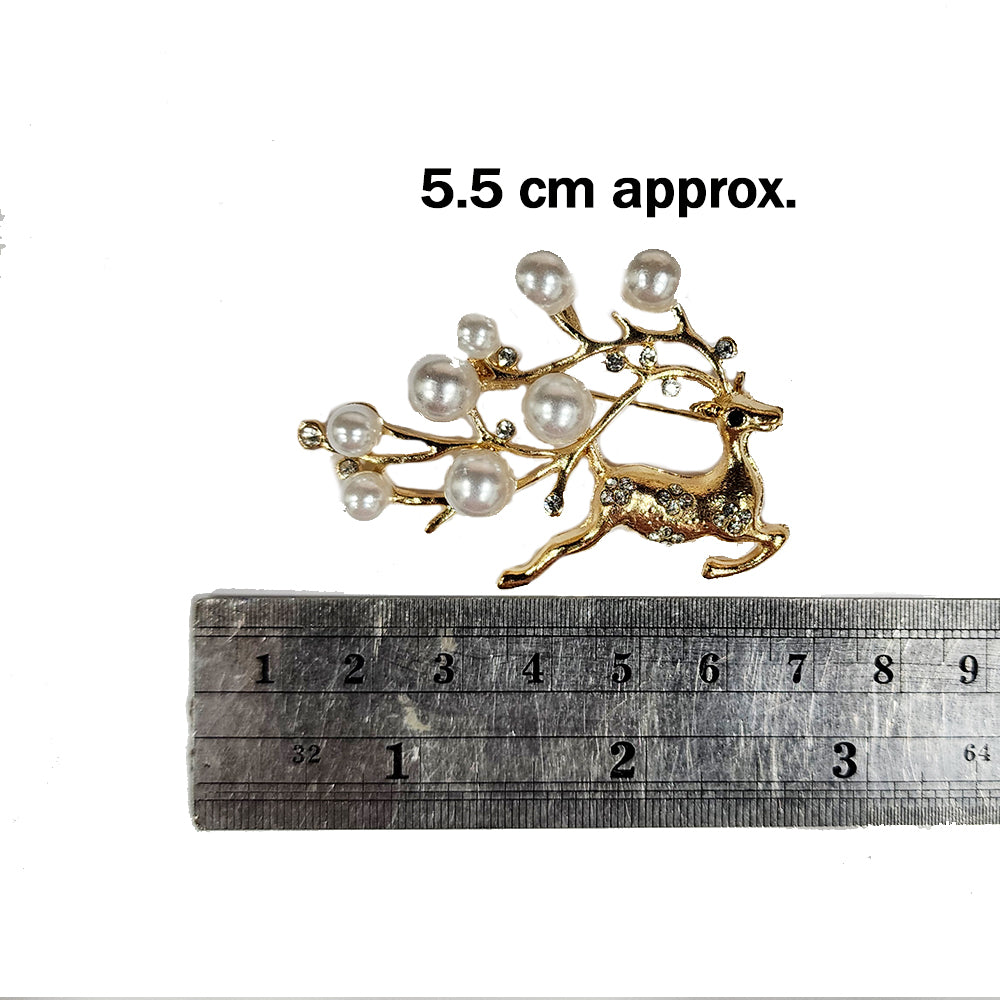 Golden color Reindeer Design Brooch Lapel Pin with pearl detailing