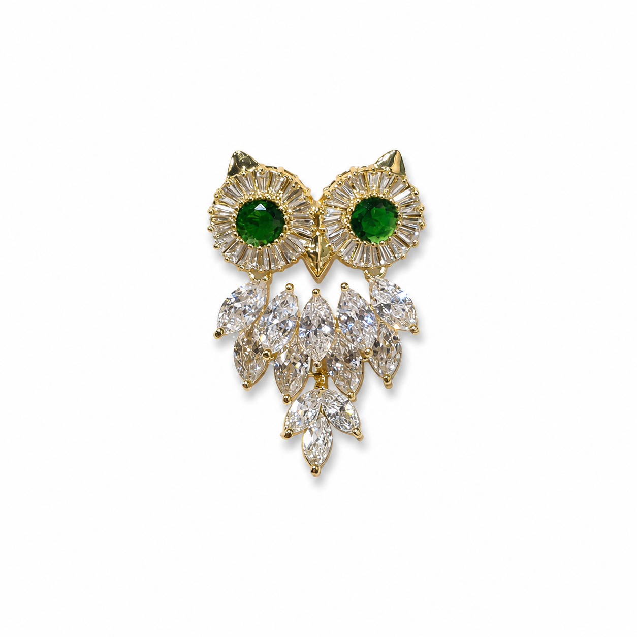 Gold Tone Owl Brooch with Green Crystal Eyes & Clear Stones
