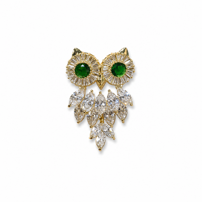 Gold Tone Owl Brooch with Green Crystal Eyes & Clear Stones