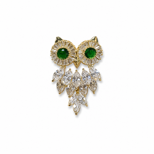 Gold Tone Owl Brooch with Green Crystal Eyes & Clear Stones